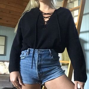 VINCE front lace black merino wool sweater